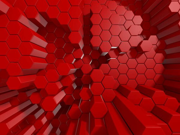 Hexagon Abstract Chaotic Red Bricks Wall Background. 3d Render Illustration