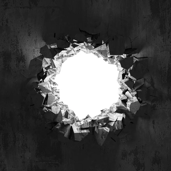 Cracked broken hole in concrete wall. Grunge background. 3d render illustration