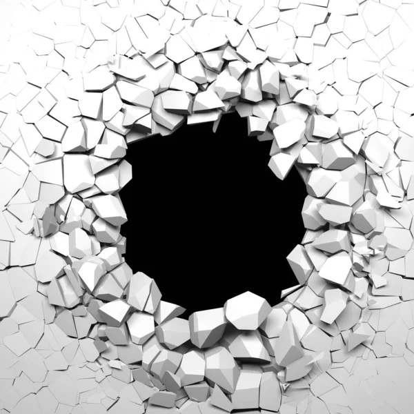 Broken White Wall Hole Center Cracked Surface Render Illustration — Stock Photo, Image