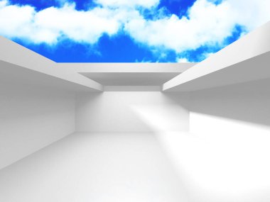 Gökyüzü manzaralı boş beyaz mimari. 3d hazırlayıcı