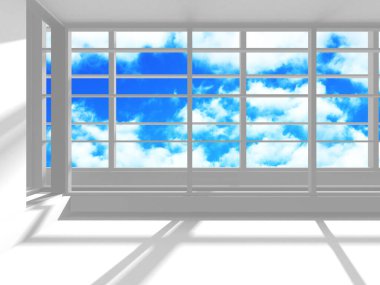 Gökyüzü manzaralı boş beyaz mimari. 3d hazırlayıcı