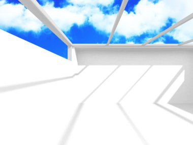 Gökyüzü manzaralı boş beyaz mimari. 3d hazırlayıcı