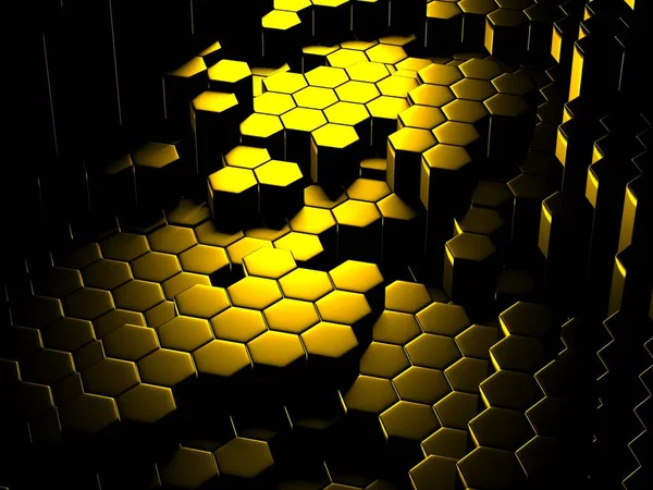 Forma Hexagonal Bloqueia Fundo Dourado Renderizar Ilustração — Fotografia de Stock