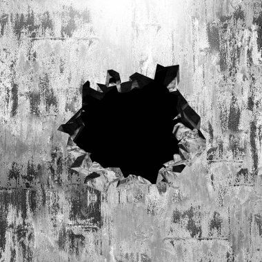 Patlama, beton duvardaki kurşun deliği tahribatı. Duvarda çatlak bir delik var. Grunge 'un geçmişi. 3d resimleme