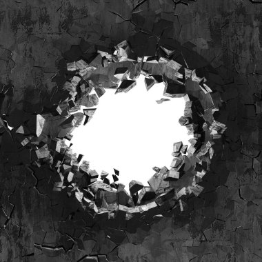 Explosion broken concrete wall bullet hole destruction. Dark cracked hole in wall. Grunge background. 3d render illustration clipart