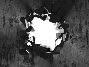 Explosion broken concrete wall bullet hole destruction. Dark cracked hole in wall. Grunge background. 3d render illustration clipart