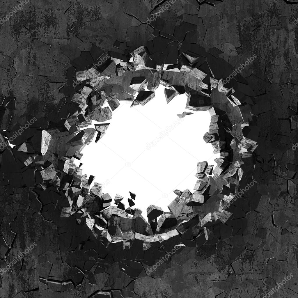 Explosion broken concrete wall bullet hole destruction. Dark cracked hole in wall. Grunge background. 3d render illustration