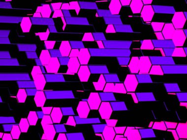 Renkli altıgen bloklar parlak soyut arkaplan parlıyor. 3d resimleme