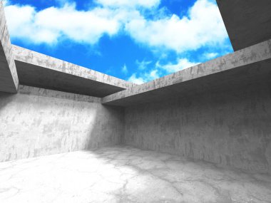 Bulutlu arka planda beton duvar inşaatı. Soyut mimari tasarım konsepti. 3d hazırlayıcı