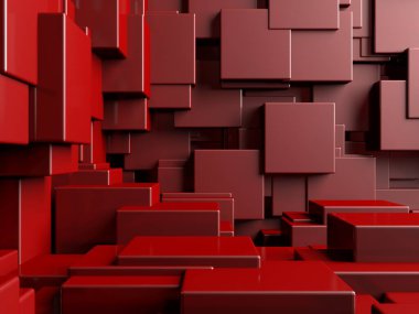 Kırmızı kaotik küp yapısı. Soyut tasarım arka planı. 3d hazırlayıcı