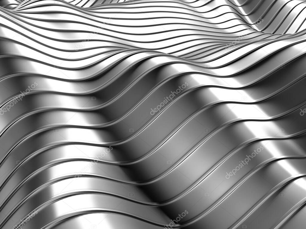 Metallic abstract wavy liquid background. 3d render illustration