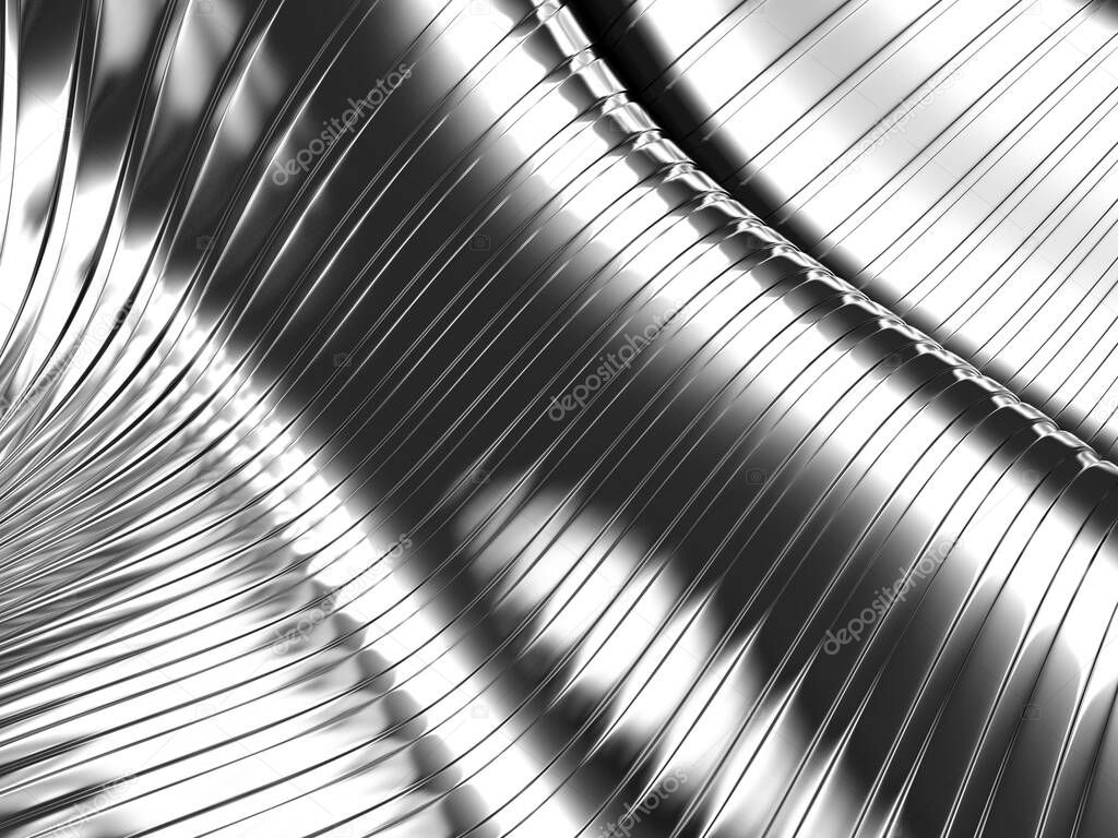 Metallic abstract wavy stripes background. 3d render illustration