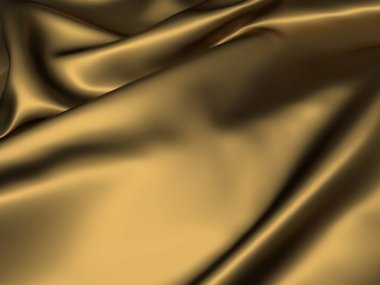 Altın kumaş ipekten arka plan. Sarı saten dalgalı doku. 3d resimleme