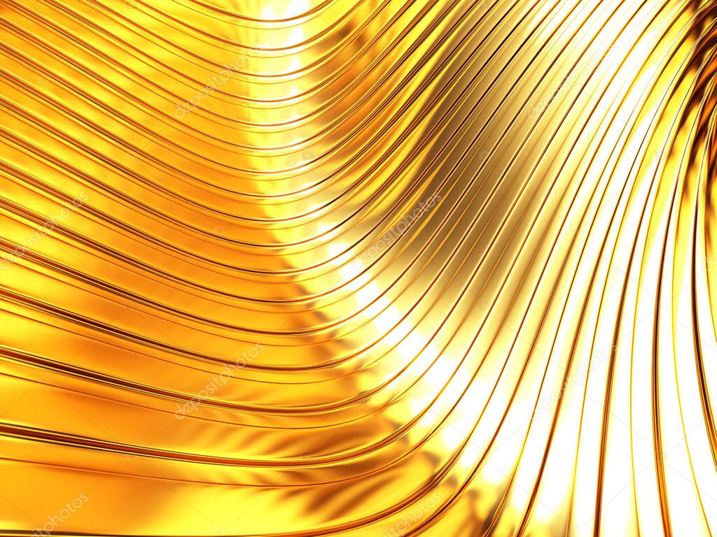 Golden abstract wavy stripes background. 3d render illustration