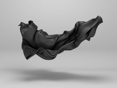 Beyaz arka planda dalgalı siyah saten kumaş. Tasarım için soyut bir öğe. 3d resimleme