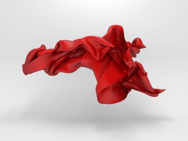 Rüzgarda uçuşan güzel kırmızı kumaş. Kırmızı ipek 33d çiziminin soyut tasarımı