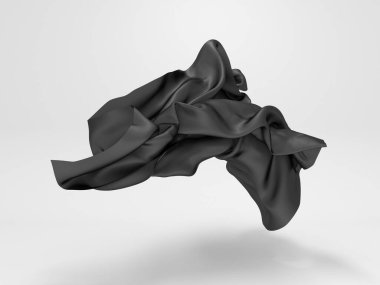 Beyaz arka planda dalgalı siyah saten kumaş. Tasarım için soyut bir öğe. 3d resimleme