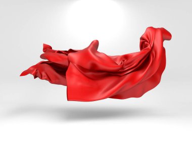 Rüzgarda uçuşan güzel kırmızı kumaş. Kırmızı ipek 33d çiziminin soyut tasarımı