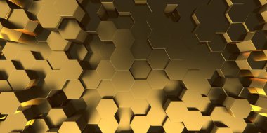 Altıgen şekil altın arka planı engelliyor. 3d resimleme