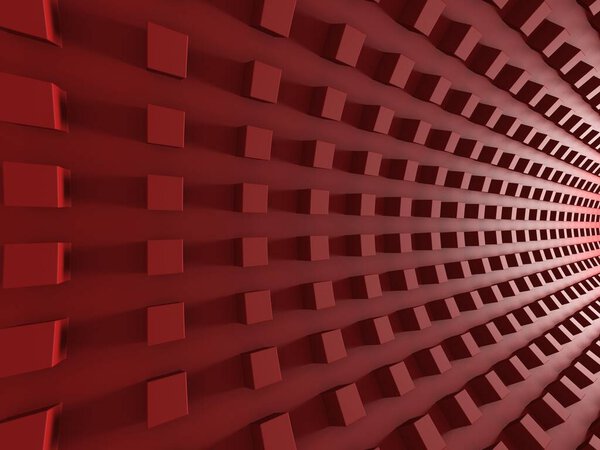 Red chaotic cubes structure. Abstract design background. 3d render