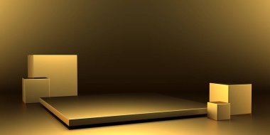 Altın lüks kaide ya da boş podyum. Güzel, zarif bir arka plan. 3d hazırlayıcı