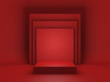 Ürün sunumu için kırmızı podyum. Ürün gösterme platformu. 3d hazırlayıcı