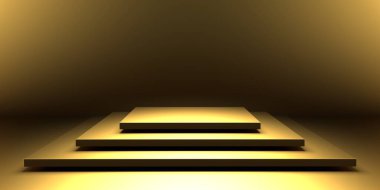 Altın lüks kaide ya da boş podyum. Güzel, zarif bir arka plan. 3d hazırlayıcı