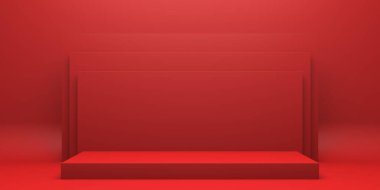 Ürün sunumu için kırmızı podyum. Ürün gösterme platformu. 3d hazırlayıcı