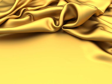 Altın kumaş ipekten arka plan. Sarı saten dalgalı doku. 3d resimleme