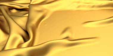 Altın kumaş ipekten arka plan. Sarı saten dalgalı doku. 3d resimleme