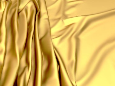 Altın kumaş ipekten arka plan. Sarı saten dalgalı doku. 3d resimleme