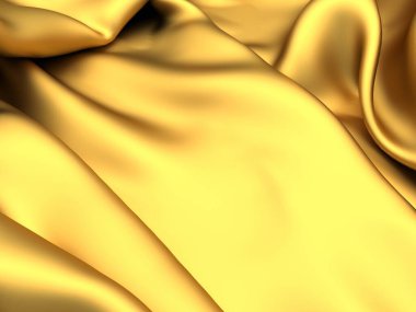 Altın kumaş ipekten arka plan. Sarı saten dalgalı doku. 3d resimleme