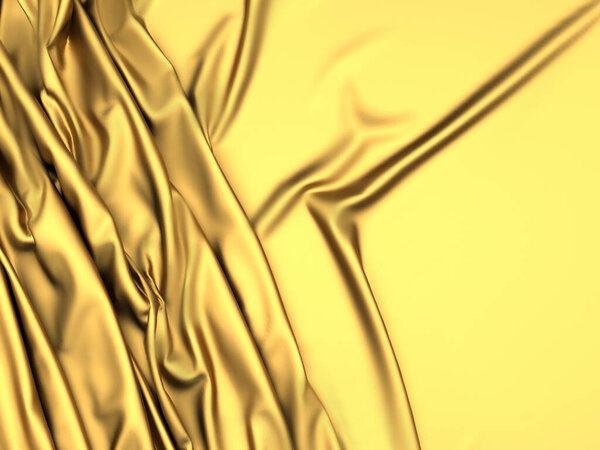 Золотой шелковый фон. Желтая атласная волнистая текстура. Трехмерная иллюстрация