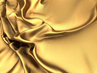 Altın kumaş ipekten arka plan. Sarı saten dalgalı doku. 3d resimleme