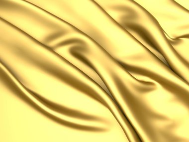 Altın kumaş ipekten arka plan. Sarı saten dalgalı doku. 3d resimleme