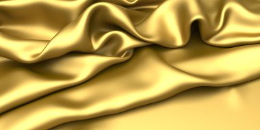 Altın kumaş ipekten arka plan. Sarı saten dalgalı doku. 3d resimleme