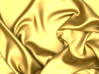 Altın kumaş ipekten arka plan. Sarı saten dalgalı doku. 3d resimleme