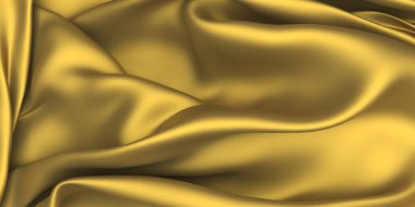 Altın kumaş ipekten arka plan. Sarı saten dalgalı doku. 3d resimleme
