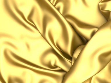 Altın kumaş ipekten arka plan. Sarı saten dalgalı doku. 3d resimleme