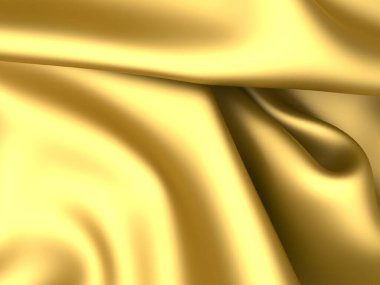 Altın kumaş ipekten arka plan. Sarı saten dalgalı doku. 3d resimleme