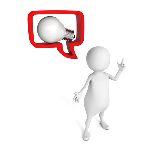 White 3d man with idea lightbulb in speech bubble — Stock Photo, Image