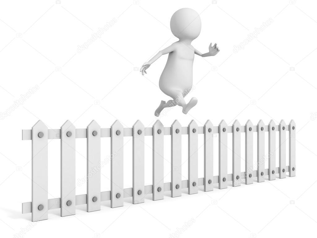 3d man jumping over white wooden fence