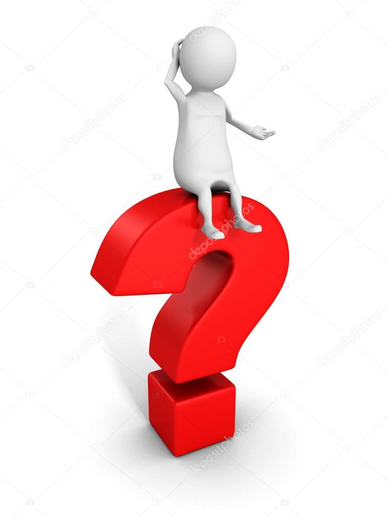 confused 3d man sitting on red question mark