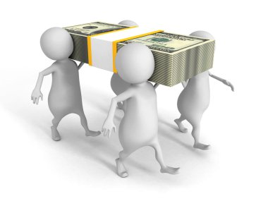yüz dolar paketi üzerinde beyaz 3d kişi taşıma