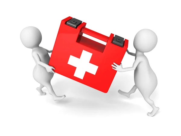 Białe 3d ludzi przenoszenia czerwony zestawu pierwszej pomocy medycznej — Zdjęcie stockowe