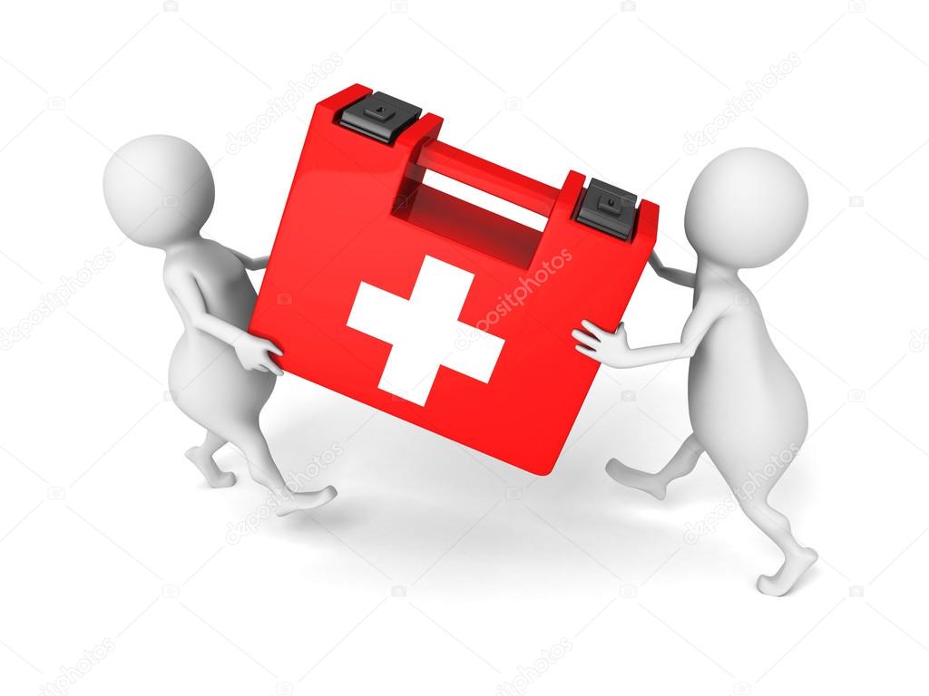 White 3d people carry red medical first aid kit