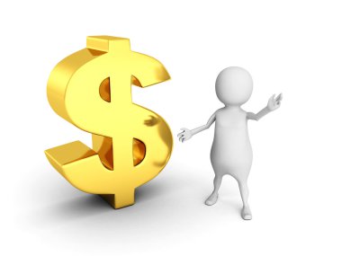 Altın dolar para birimi simgesi olan beyaz 3d adam