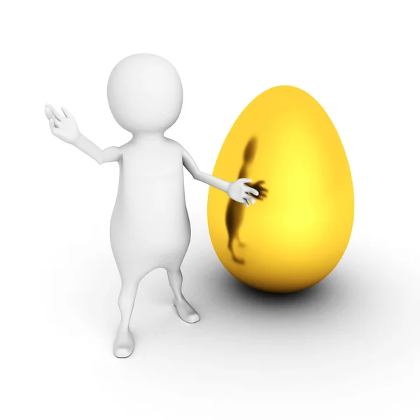 White 3d person standing with golden egg — Stock Photo, Image