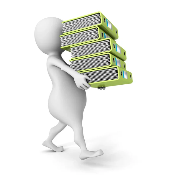 White 3D person carrying  pile of office ring binders — Stock Photo, Image