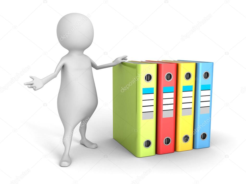 white 3d man with colorful office ring binders